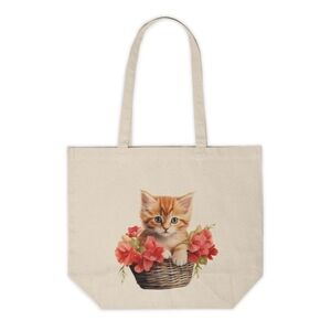 Floral Cat in a Basket Custom Canvas Tote Bag